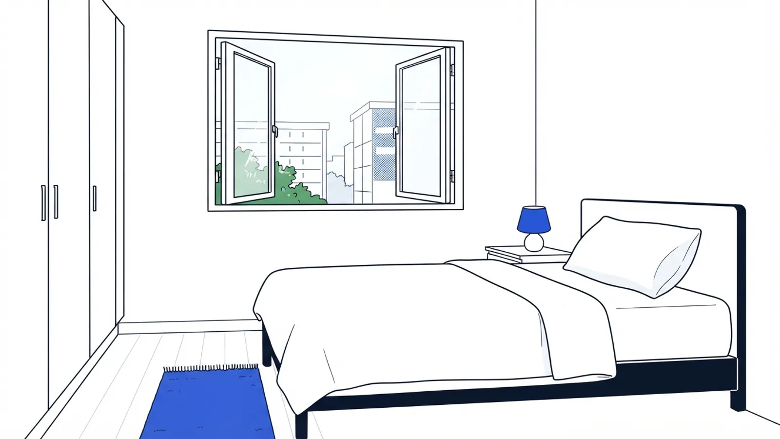 A wide view of a neatly made bed with white linens and a pillow in an HDB bedroom.