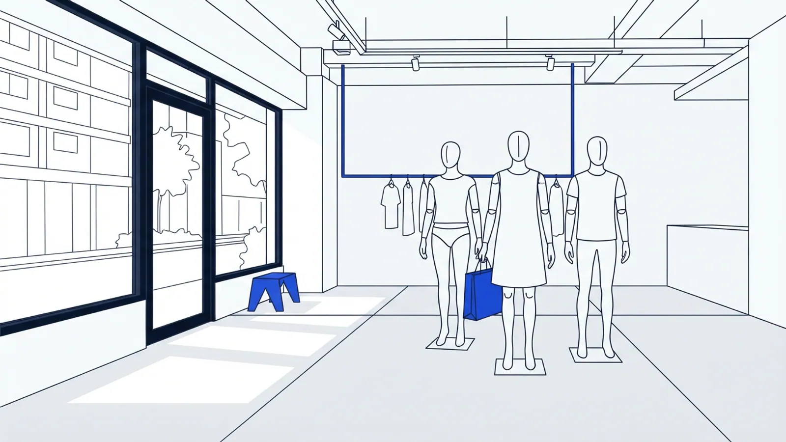 An empty, minimalist retail shop with plain mannequins on polished concrete floors.