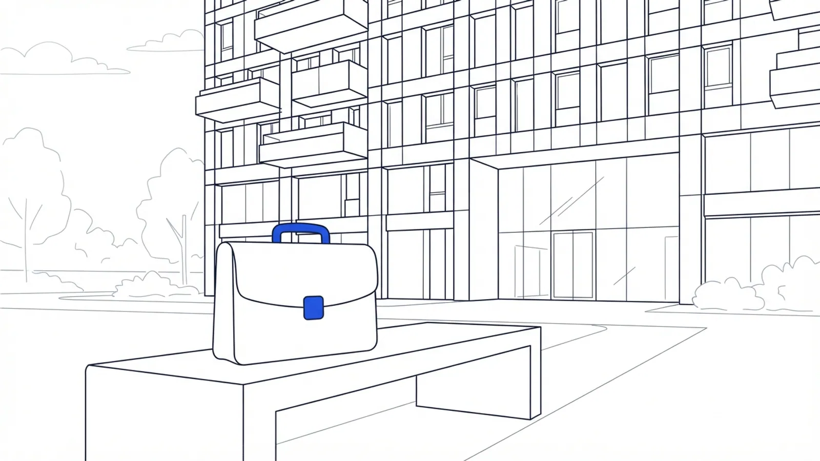 A modern office building facade with a briefcase on a concrete bench in the foreground.