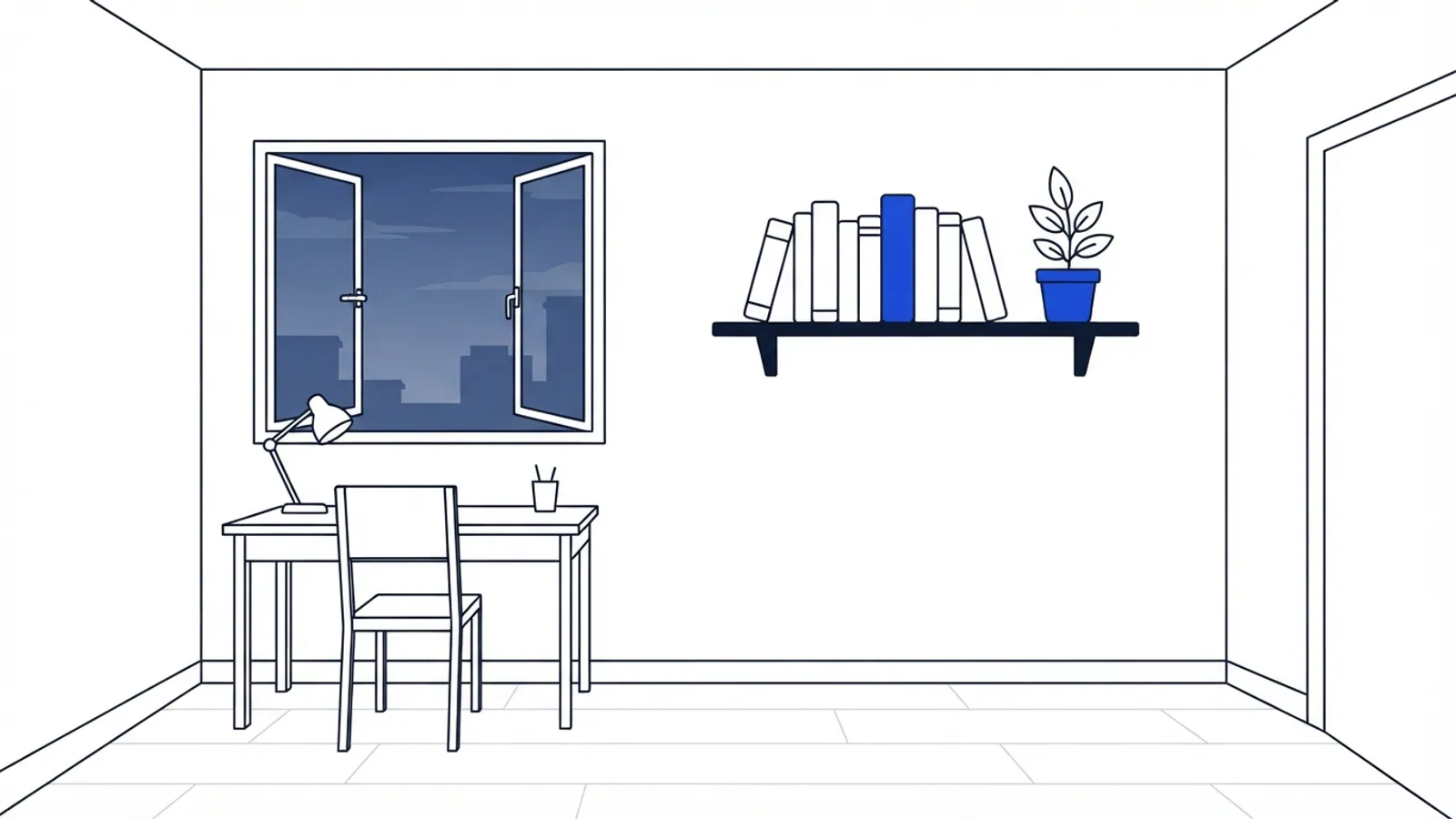 An empty study room with closed books on a shelf and an open window.