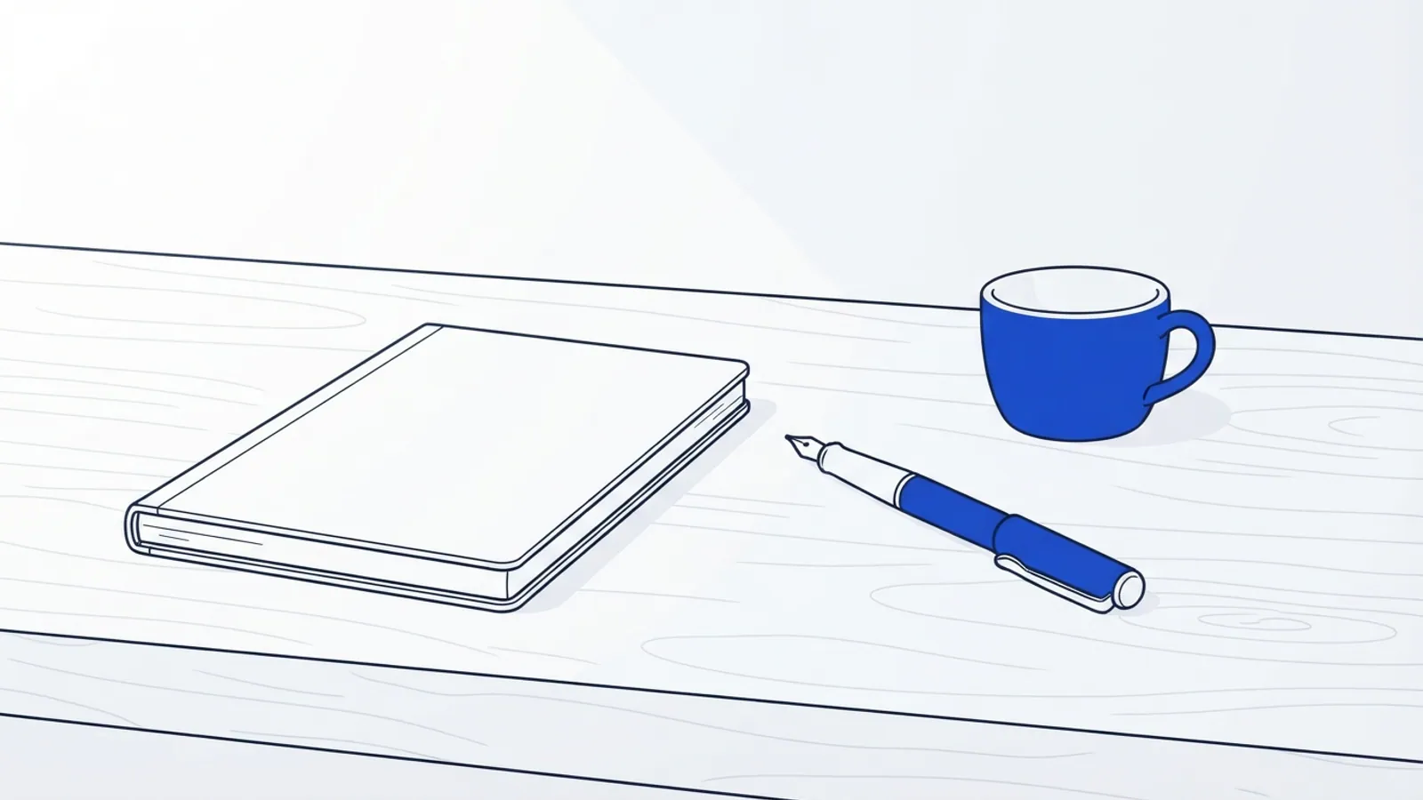 A close-up of a closed notebook, an ink pen, and an empty ceramic cup on a desk.