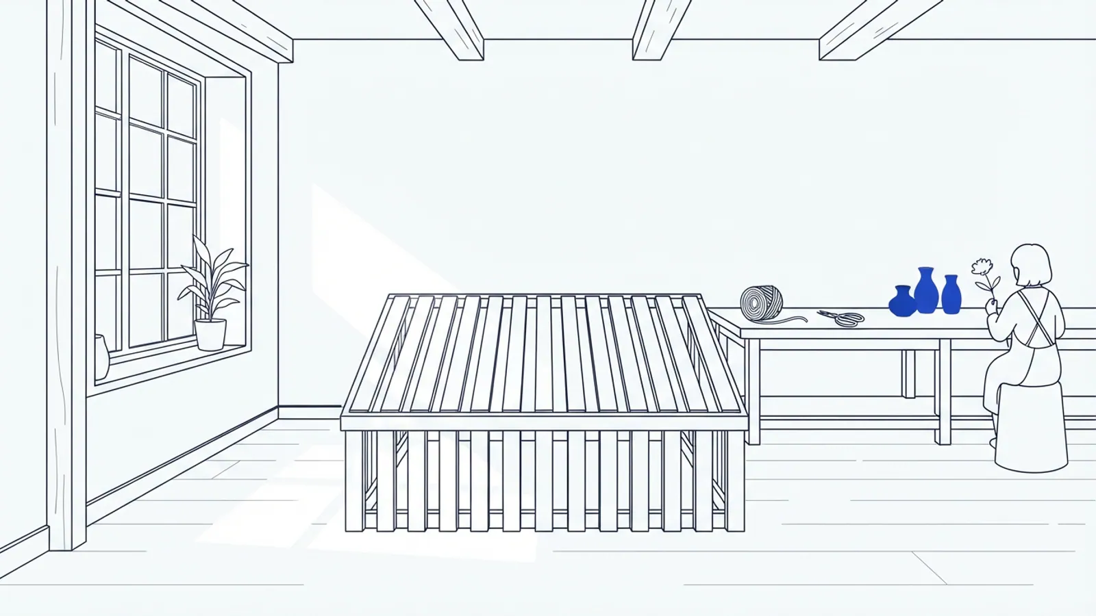 A line drawing of a room with a large window, a slatted display stand, and a person sitting at a table with vases and a flower.