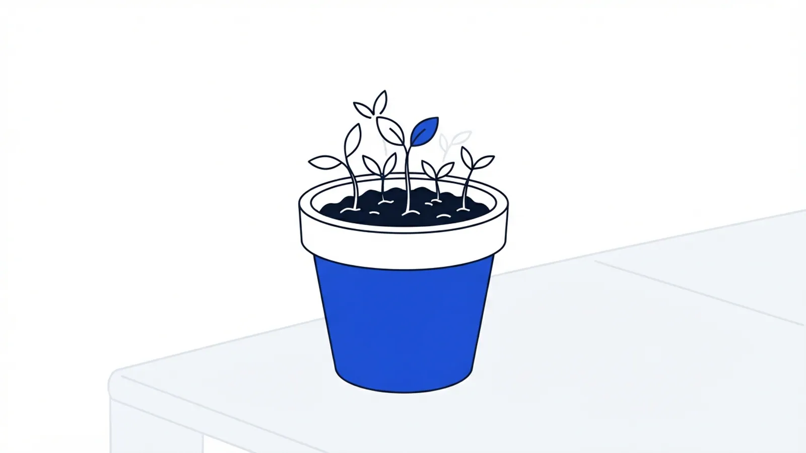A close-up of small green sprouts growing from a plain blue pot on a light surface.