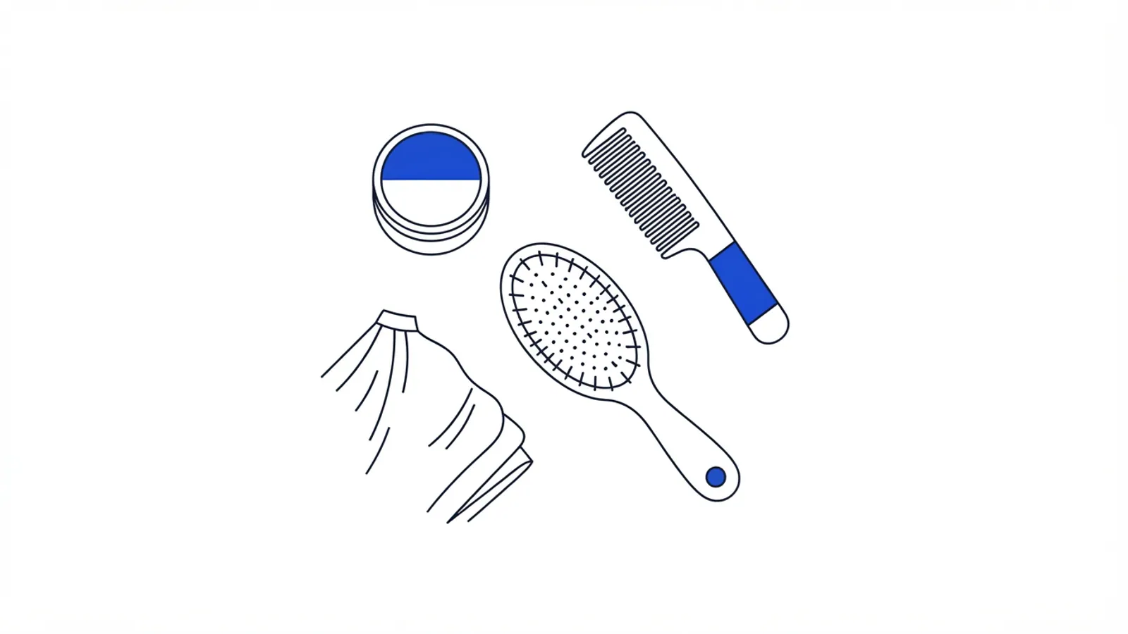 An overhead view of plain hair styling tools, pomade, comb, and brush.