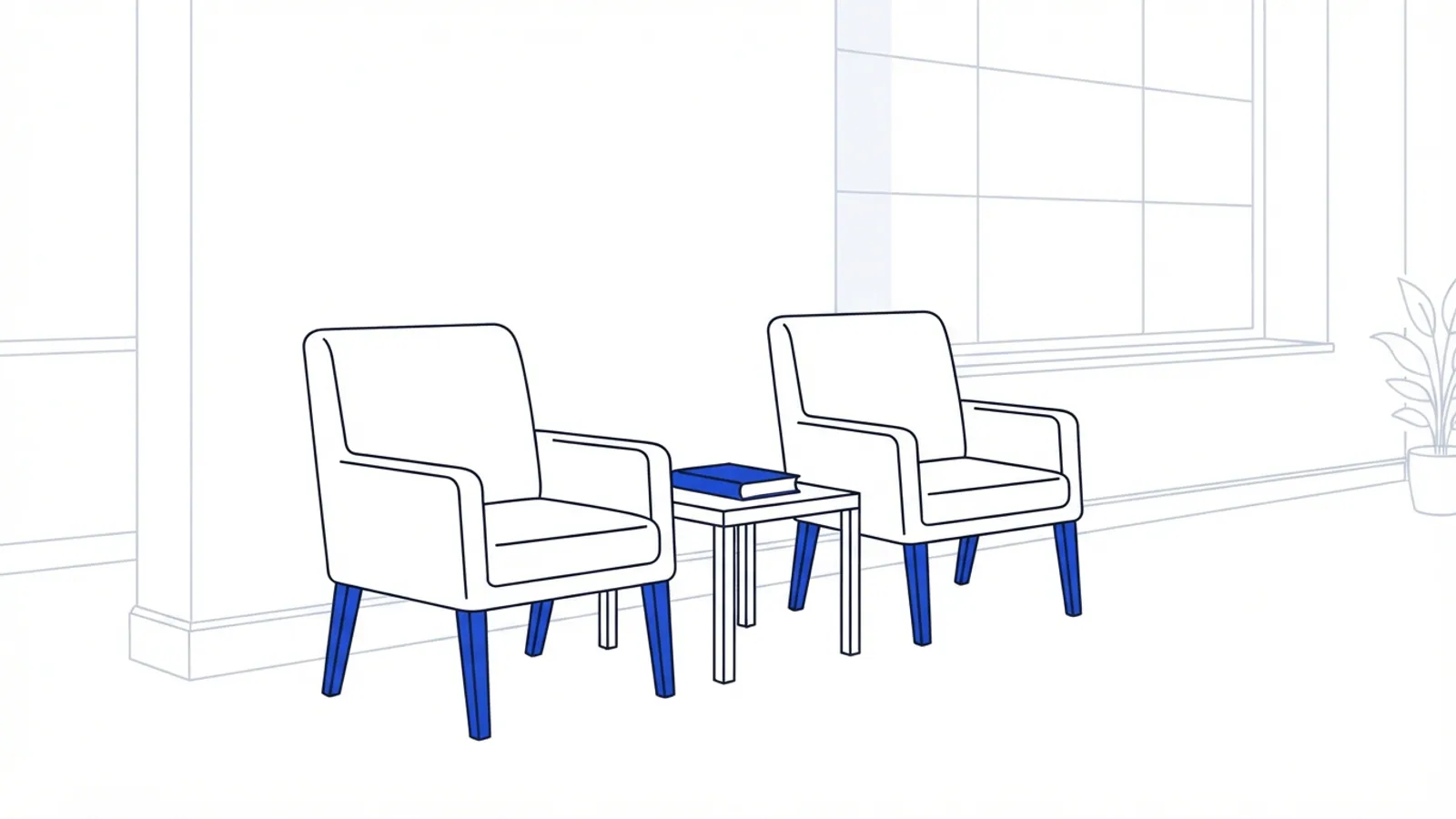A quiet, empty waiting area with two chairs and a closed book on a side table.