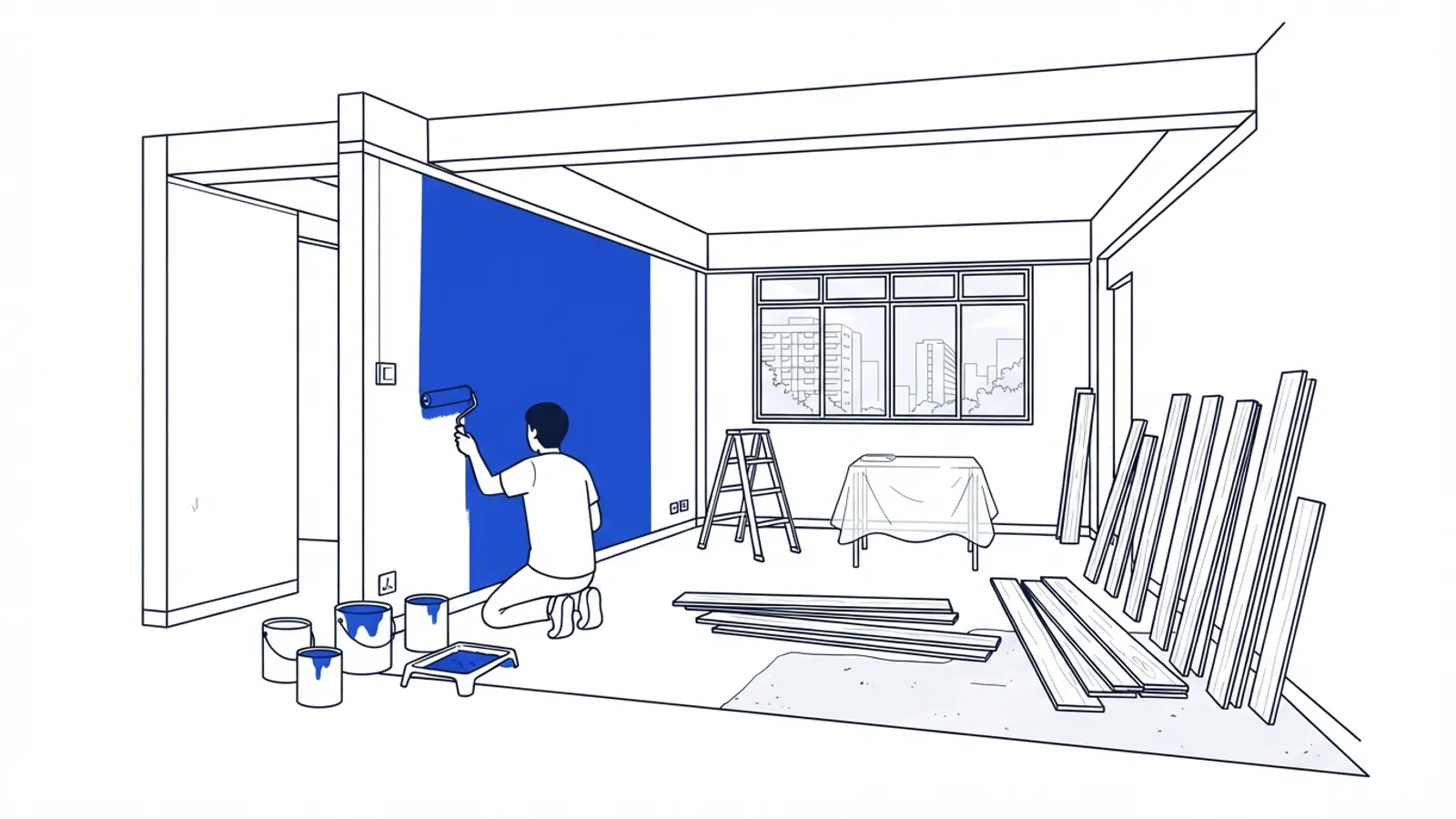 A cutaway view of an HDB living room with paint cans, rollers, and flooring planks.