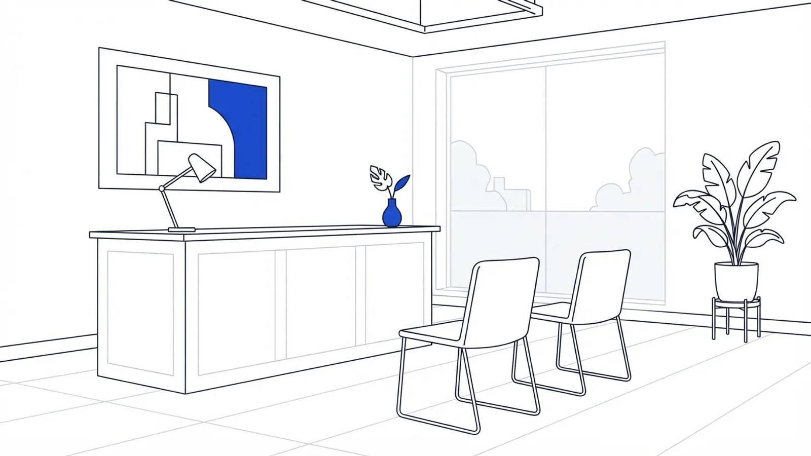 An empty office reception area with a wooden desk, two chairs, and a tropical plant.