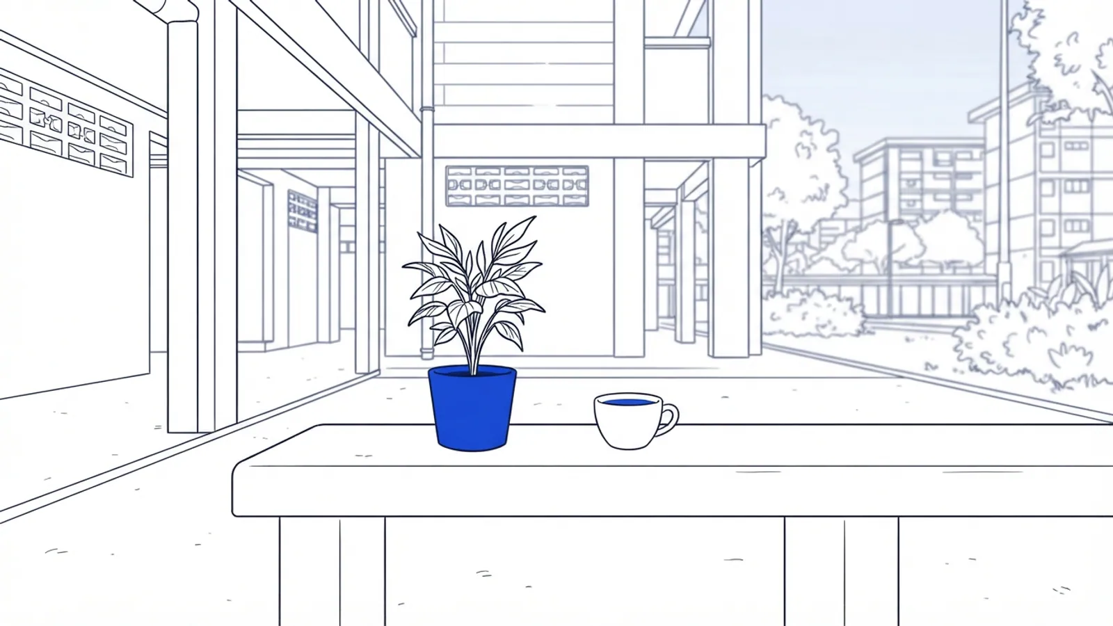 A potted tropical plant and a ceramic cup with a dark liquid on a concrete bench in an HDB void deck.