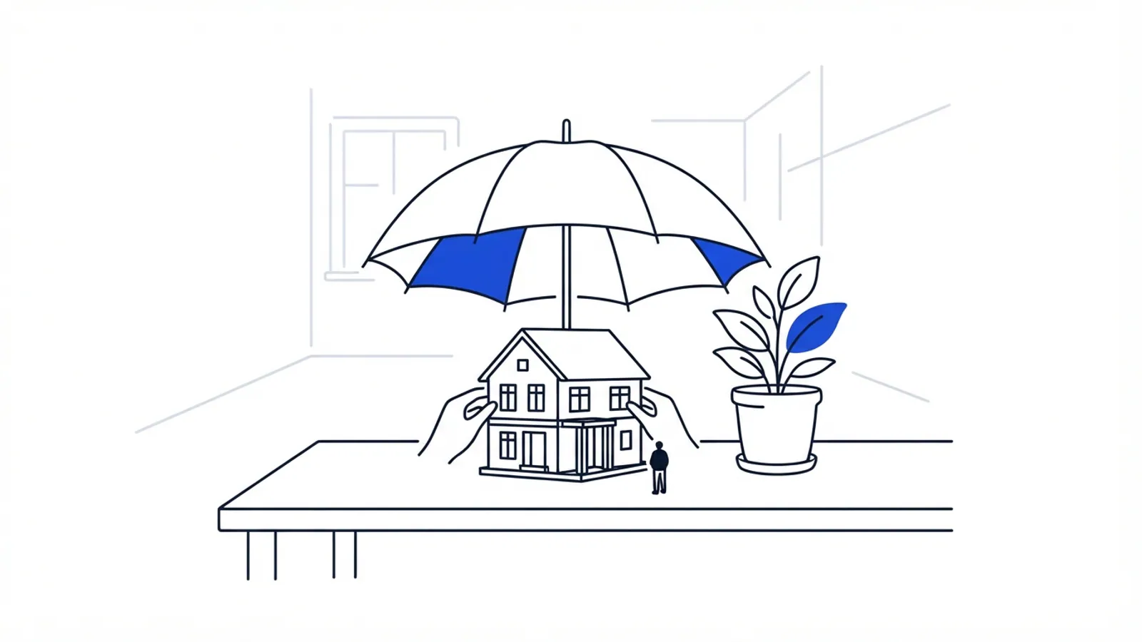 A small house model is sheltered under an open umbrella on a table, with a potted plant beside it.