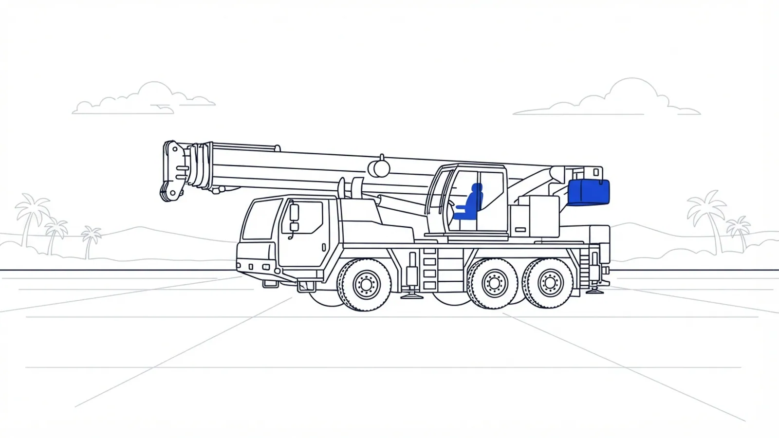 A large, unlabelled mobile crane with its boom retracted, parked on a concrete lot.