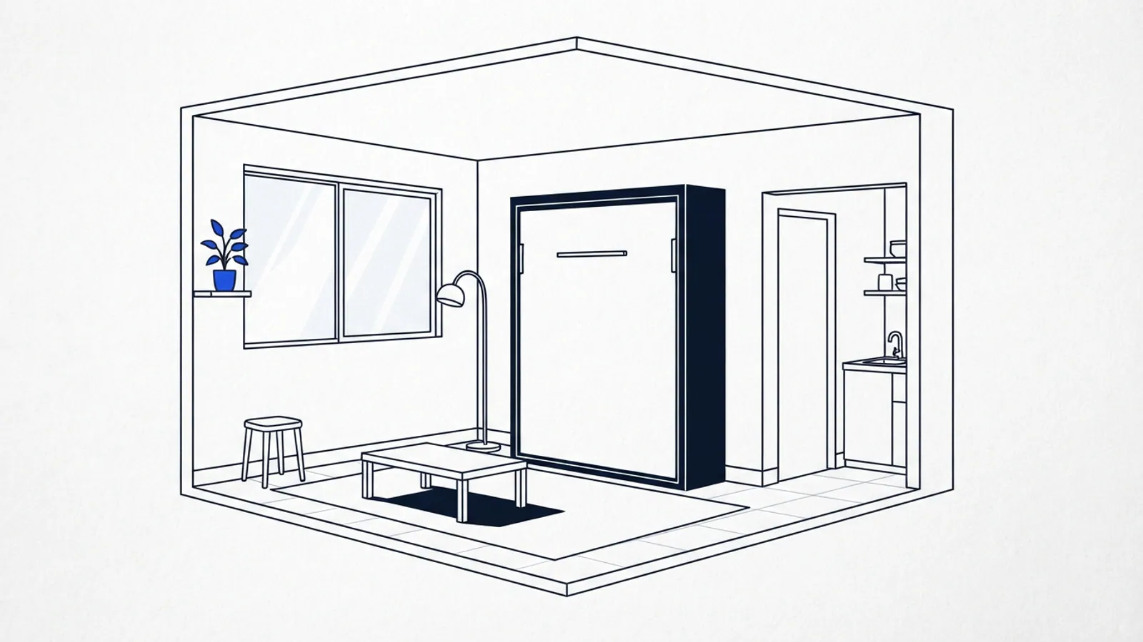 A cutaway view of a small apartment studio with a plain Murphy bed folded into a wall cabinet.