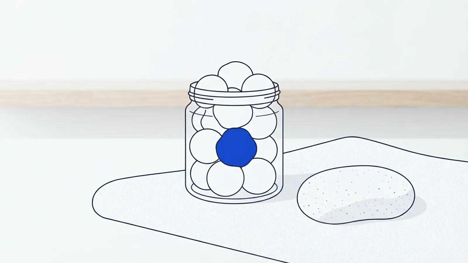 A glass jar filled with white and one blue cotton ball sits next to a pumice stone on a white towel.