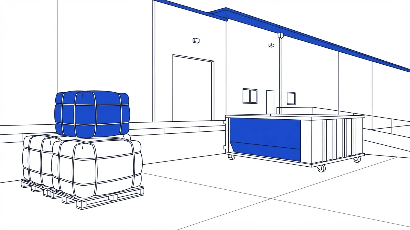 An empty industrial loading dock with stacked plastic bales and an empty container.