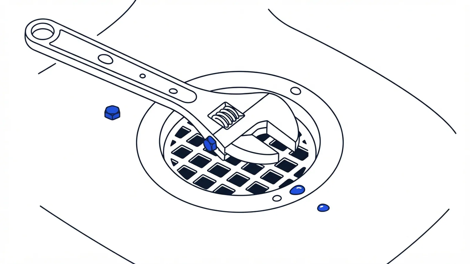 A wrench rests on a drain grate with a few blue water drops.