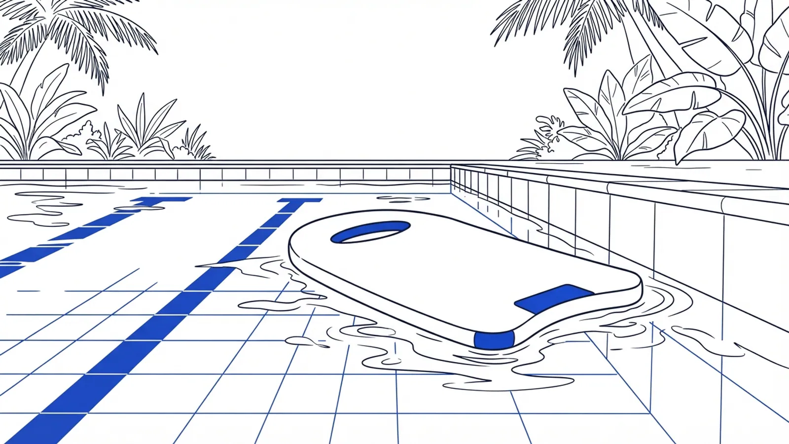 A blue kickboard rests partially in the calm water of an empty swimming pool.