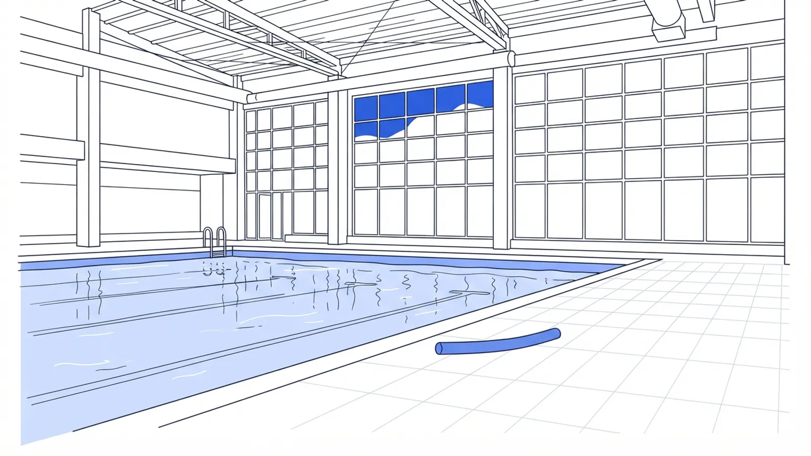 An empty community swimming pool with a floating noodle and humid light from windows.