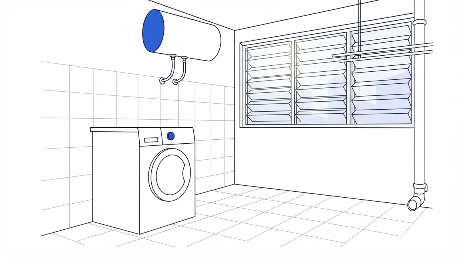 An empty HDB service yard with a washing machine and a mounted water heater.