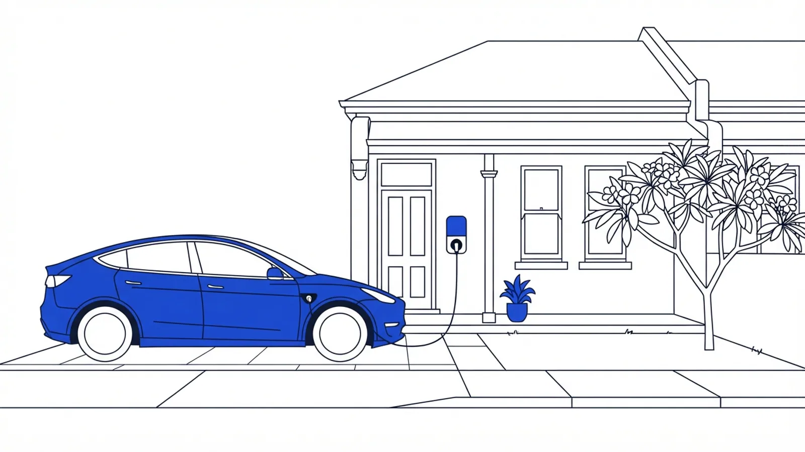 An electric car charging in the driveway of a terrace house beside a frangipani tree.