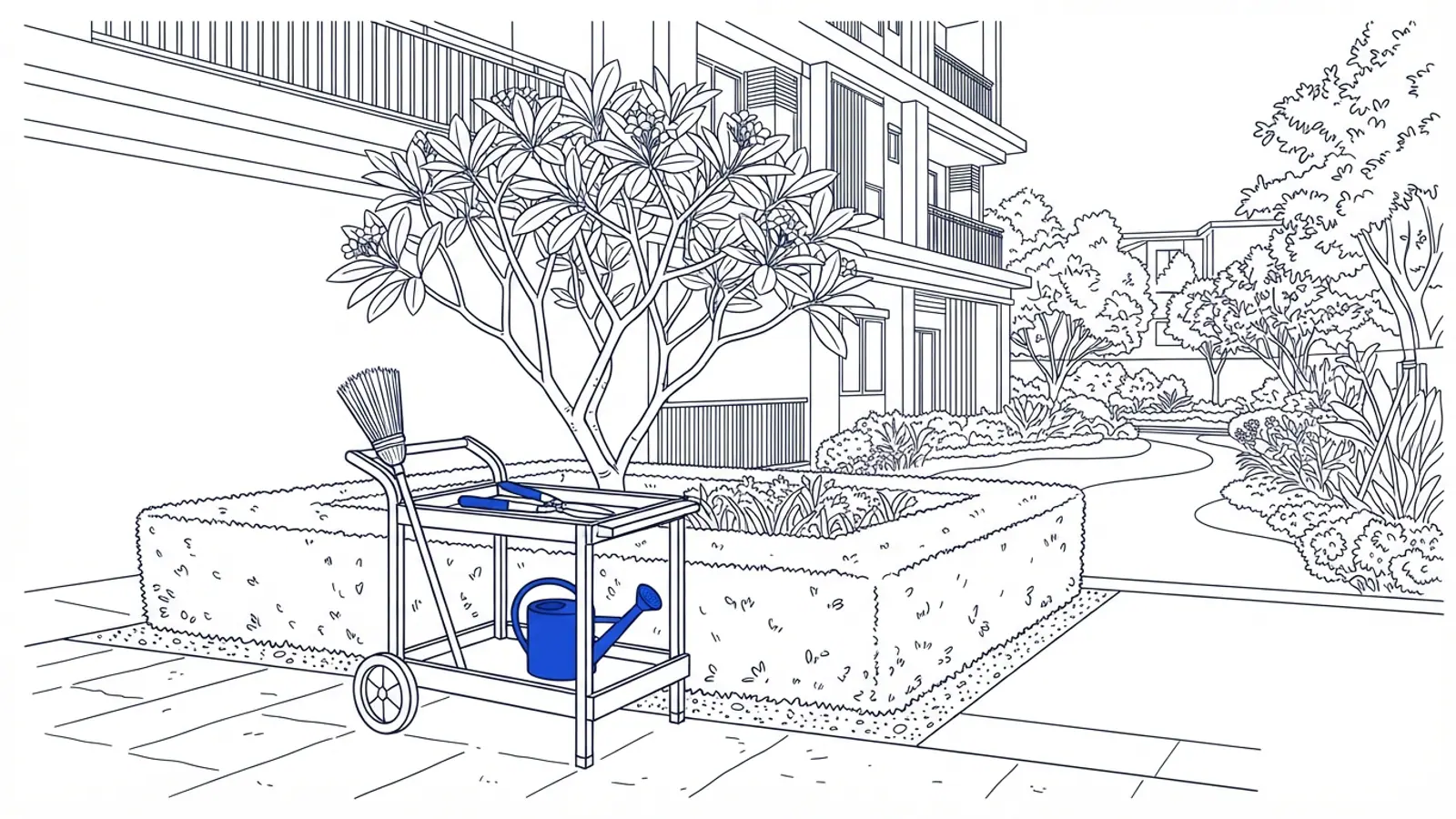 A condominium garden with a caretaker's cart, pruning shears and a watering can by a hedge.