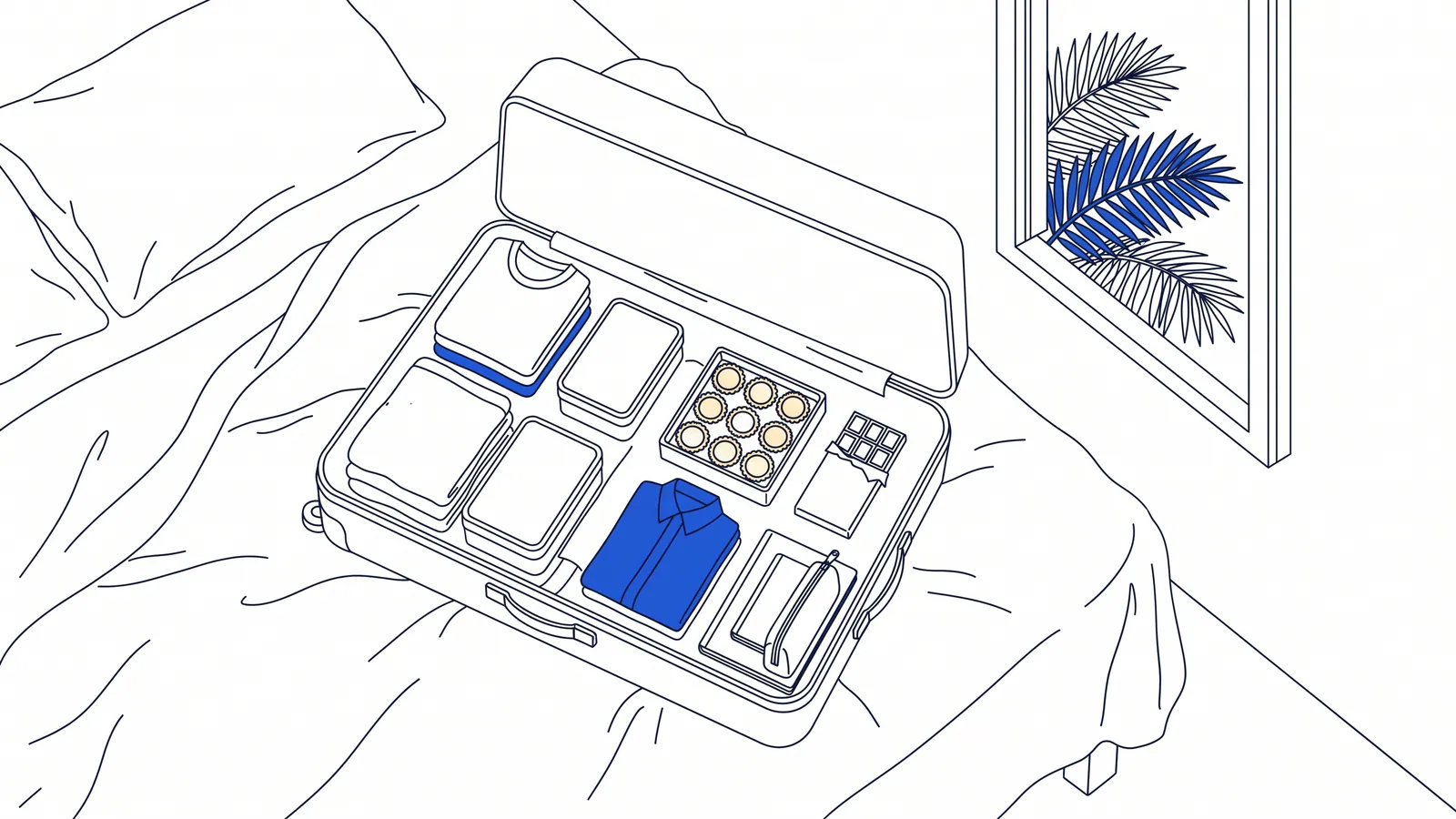 An open suitcase on a bed packed with clothes, plain tins, a tray of pineapple tarts and a chocolate bar.