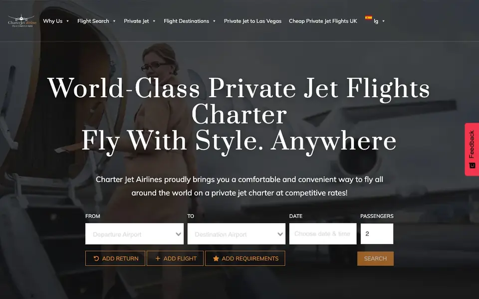 Charter Jet Airlines website homepage, 4 Oct 2026