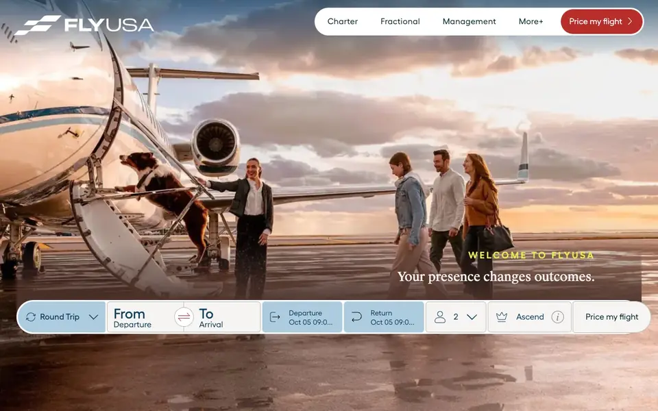 FlyUSA website homepage, 4 Oct 2026