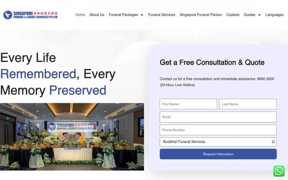 Singapore Funeral & Casket Services website homepage, 4 Oct 2026