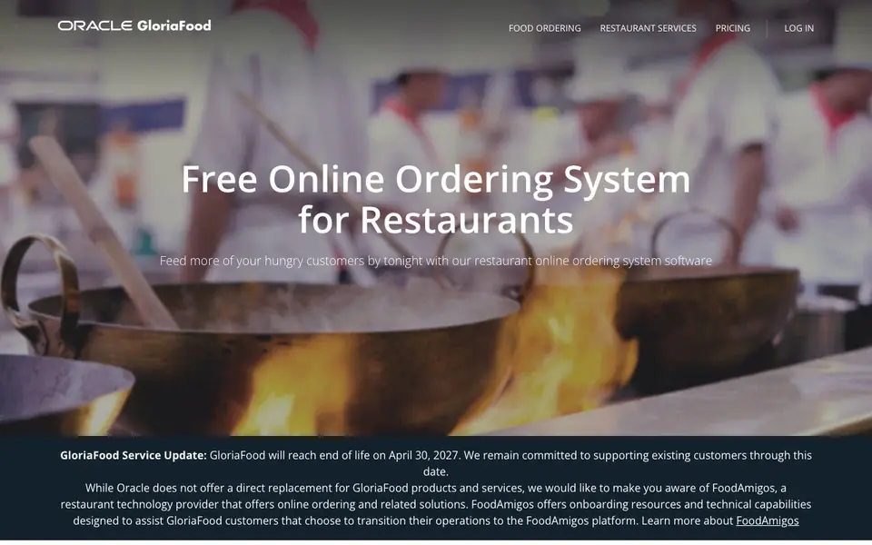 Oracle GloriaFood website homepage, 4 Oct 2026