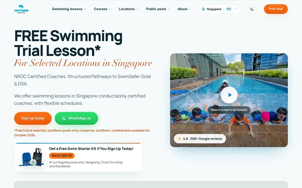 JustSwim website homepage, 4 Oct 2026
