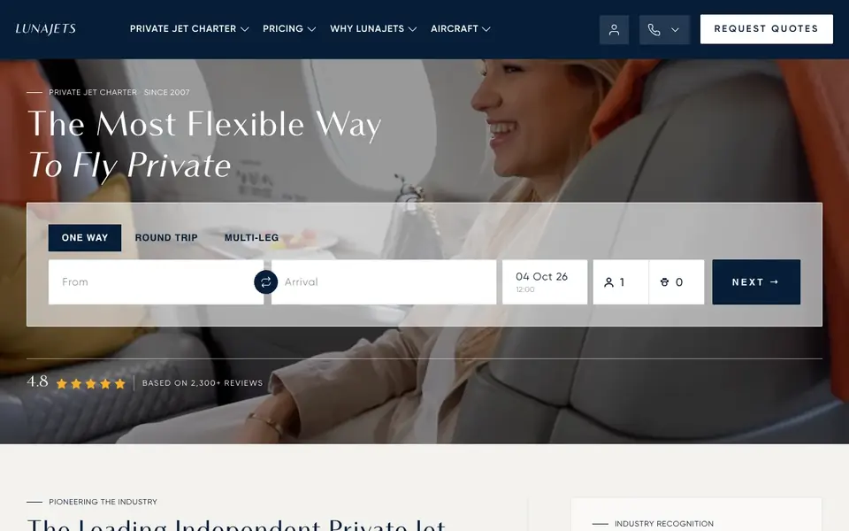 LunaJets website homepage, 4 Oct 2026
