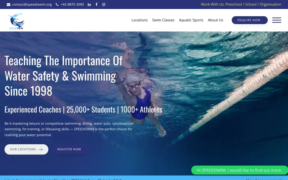 SPEEDISWIM AQUATIC CENTRE website homepage, 4 Oct 2026